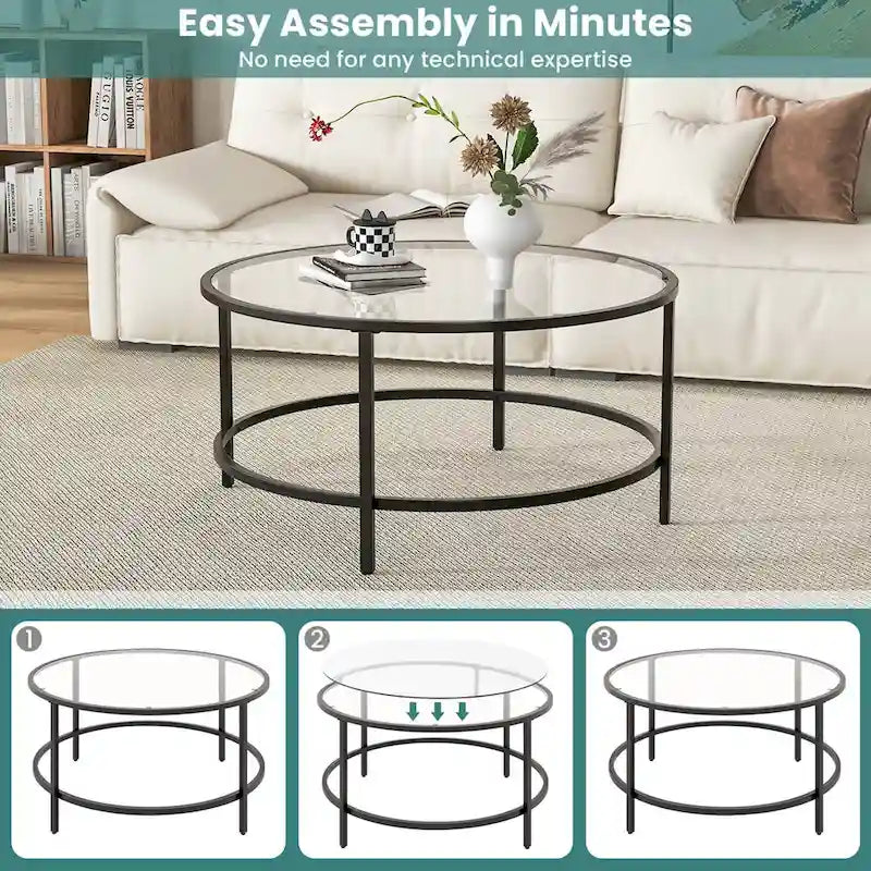 Table basse ronde 36" | Dessus en verre trempé 5mm et cadre en métal | Capacité de 110 lb