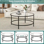 Table basse ronde 36" | Dessus en verre trempé 5mm et cadre en métal | Capacité de 110 lb