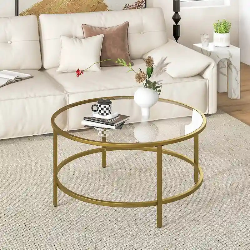 Table basse ronde 36" | Dessus en verre trempé 5mm et cadre en métal | Capacité de 110 lb
