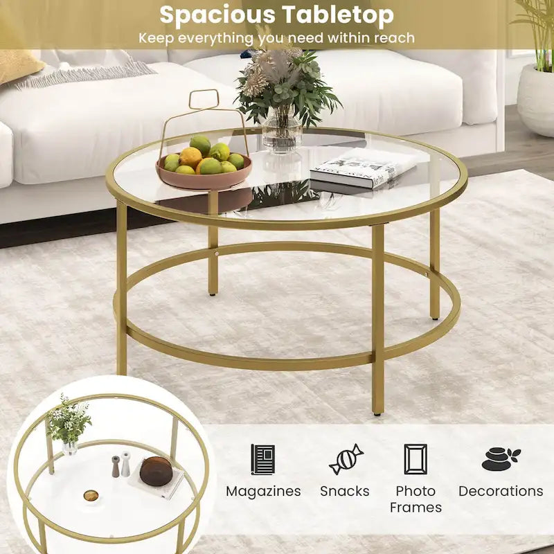 Table basse ronde 36" | Dessus en verre trempé 5mm et cadre en métal | Capacité de 110 lb