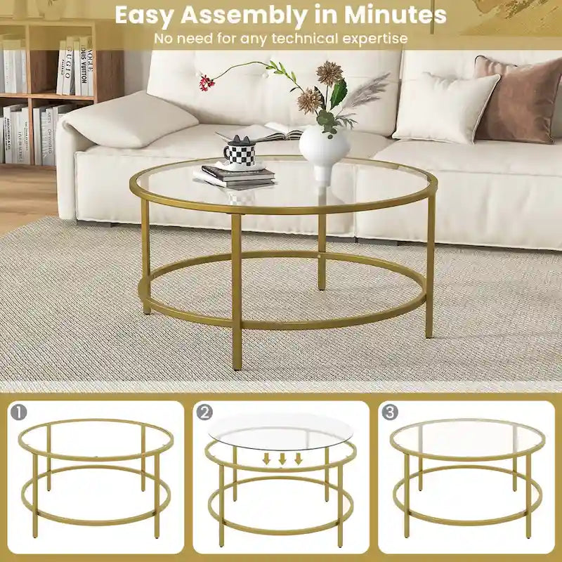 Table basse ronde 36" | Dessus en verre trempé 5mm et cadre en métal | Capacité de 110 lb