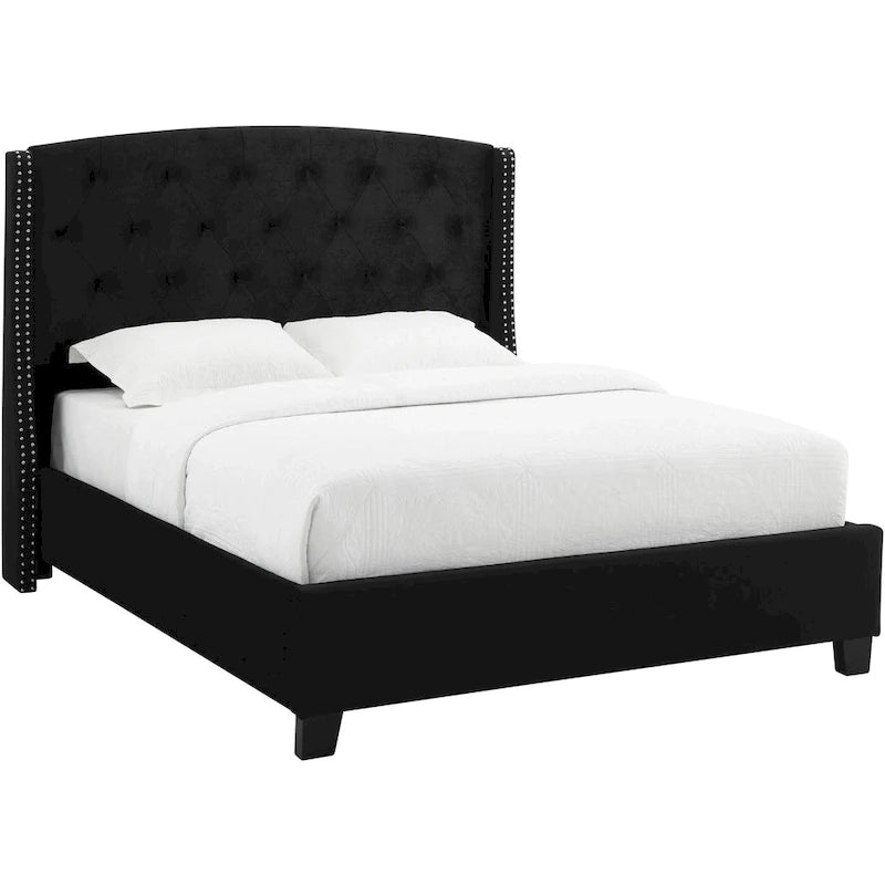 Lit Queen Size Profil Bas avec Tête de Lit Capitonnée Ailée | Noir