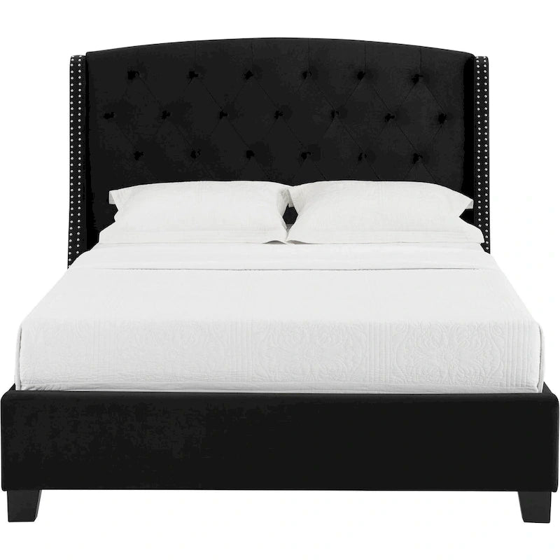 Lit Queen Size Profil Bas avec Tête de Lit Capitonnée Ailée | Noir