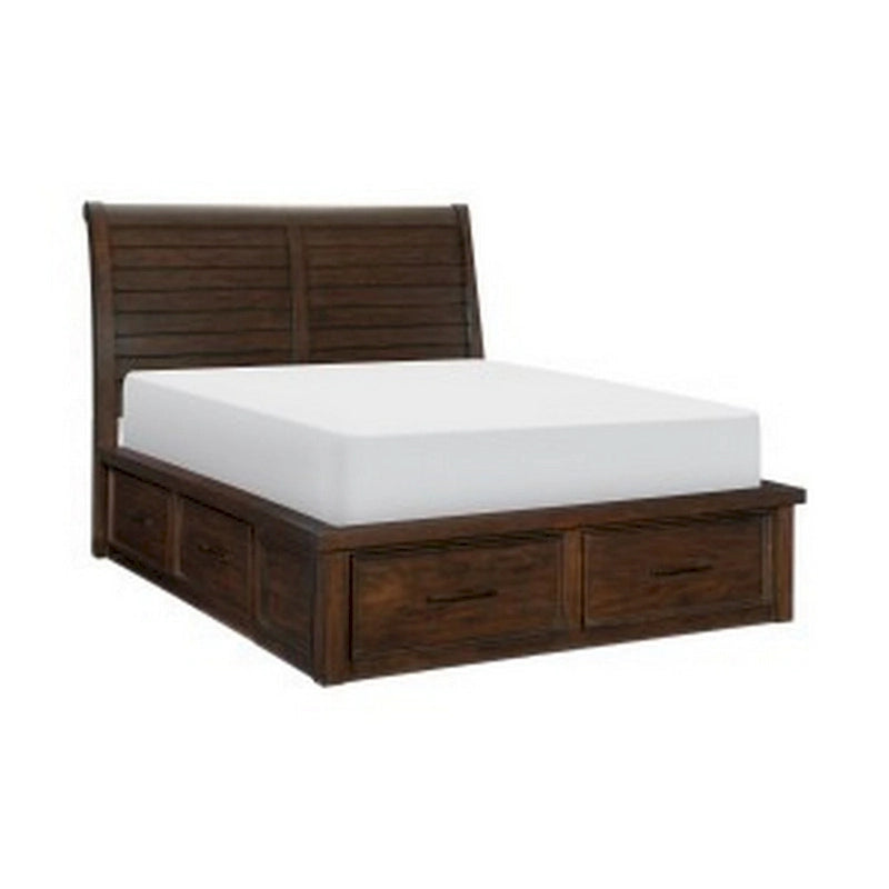Lit plate-forme Daisy Queen, 6 tiroirs de rangement, poignées métalliques, bois marron