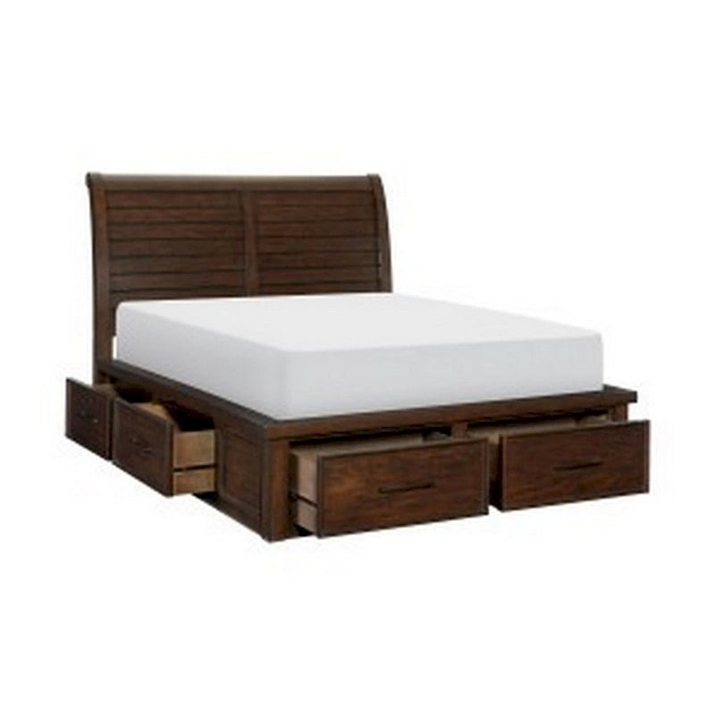 Lit plate-forme Daisy Queen, 6 tiroirs de rangement, poignées métalliques, bois marron