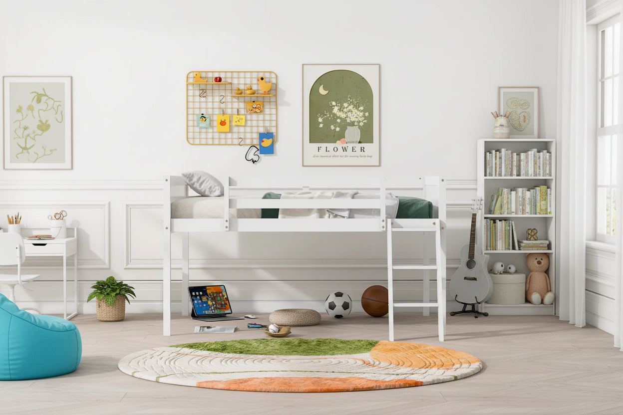 Full Size Wood Low Loft Bed with Ladder