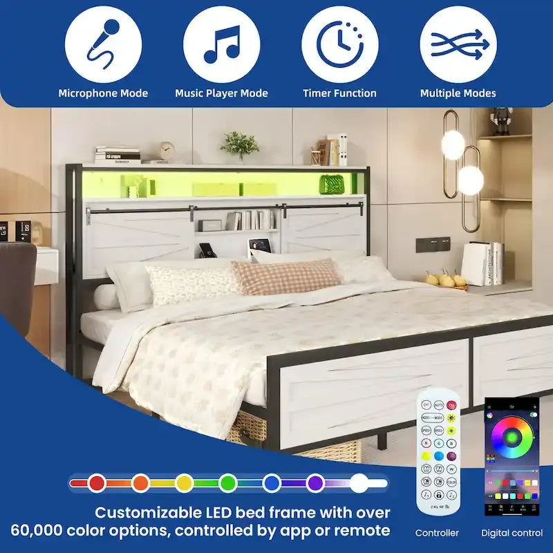 Cadre de lit double avec LED et station de recharge, rangement de tête de lit en métal et ports USB, lumières de ferme