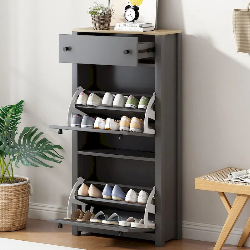 Meuble à chaussures avec plateau aspect bois et 2 tiroirs basculants à panneau réglable