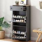 Meuble à chaussures avec plateau aspect bois et 2 tiroirs basculants à panneau réglable