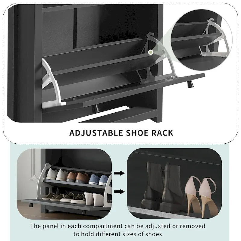 Meuble à chaussures avec plateau aspect bois et 2 tiroirs basculants à panneau réglable