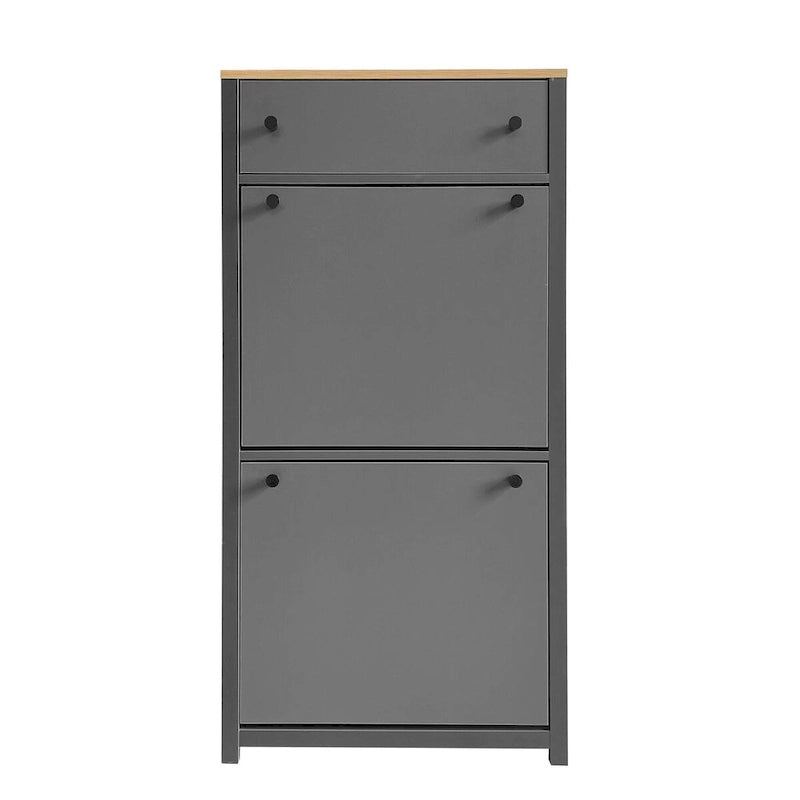 Meuble à chaussures avec plateau aspect bois et 2 tiroirs basculants à panneau réglable