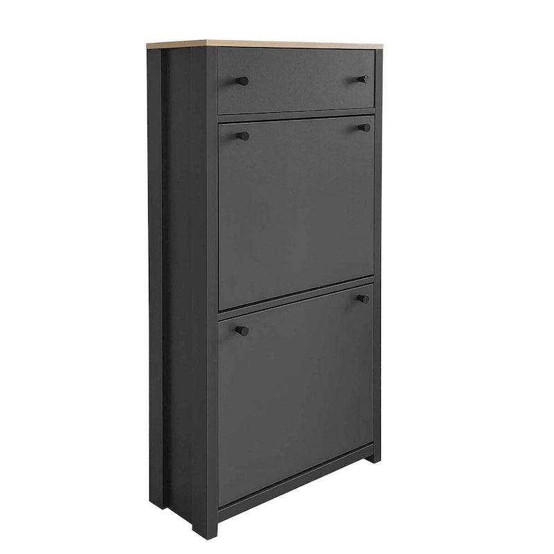 Meuble à chaussures avec plateau aspect bois et 2 tiroirs basculants à panneau réglable
