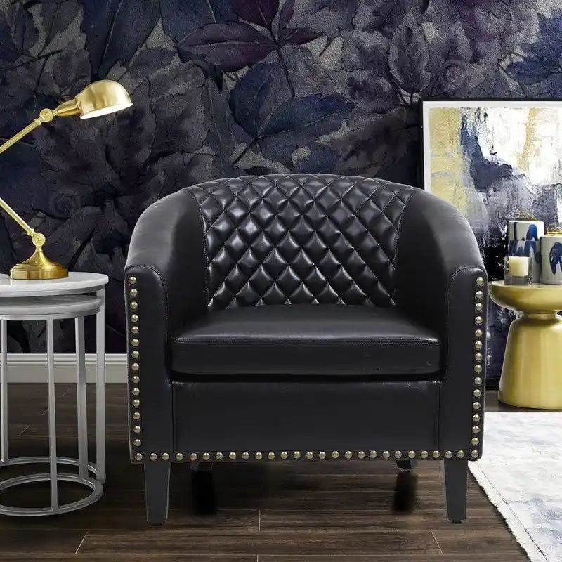 Fauteuil d'appoint tonneau en cuir PU avec clous décoratifs et pieds en bois massif | Salon