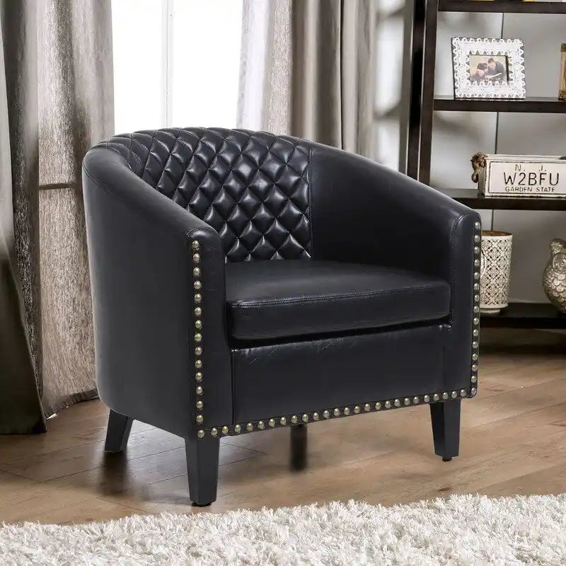 Fauteuil d'appoint tonneau en cuir PU avec clous décoratifs et pieds en bois massif | Salon