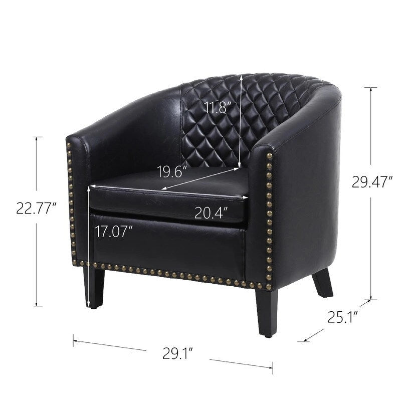 Fauteuil d'appoint tonneau en cuir PU avec clous décoratifs et pieds en bois massif | Salon