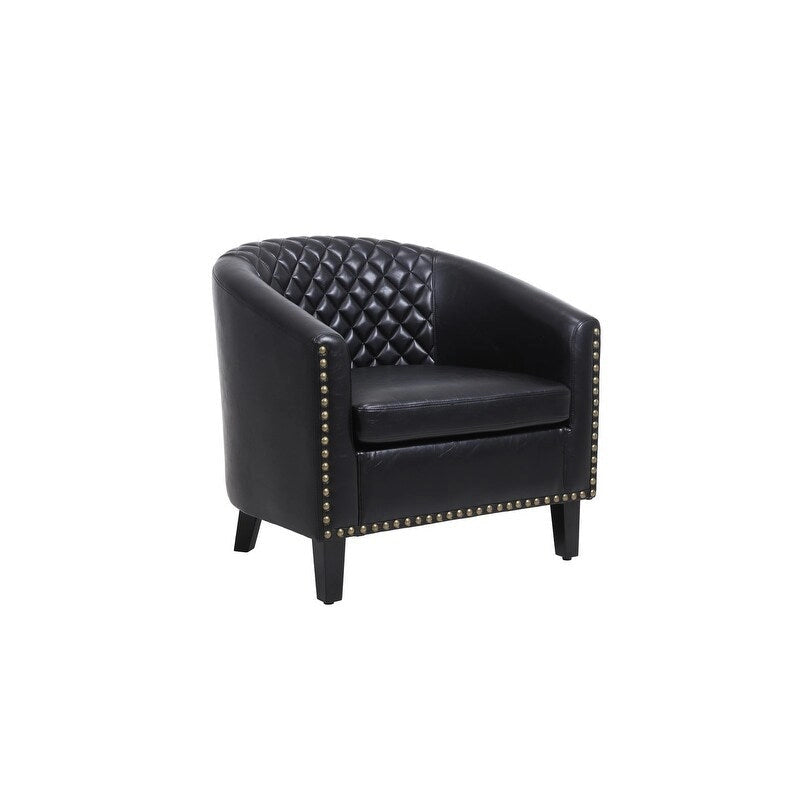 Fauteuil d'appoint tonneau en cuir PU avec clous décoratifs et pieds en bois massif | Salon