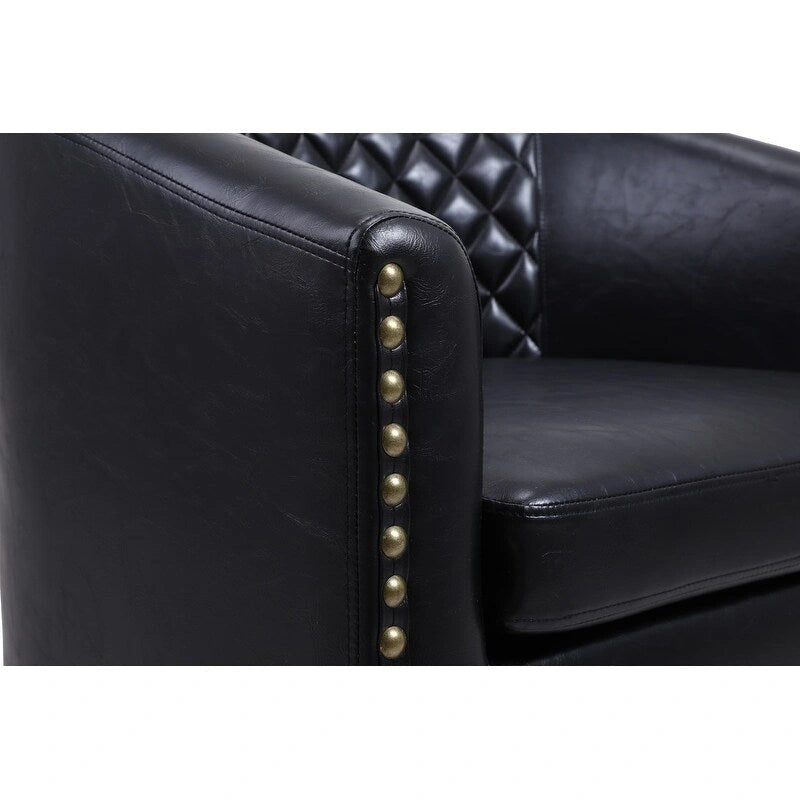Fauteuil d'appoint tonneau en cuir PU avec clous décoratifs et pieds en bois massif | Salon