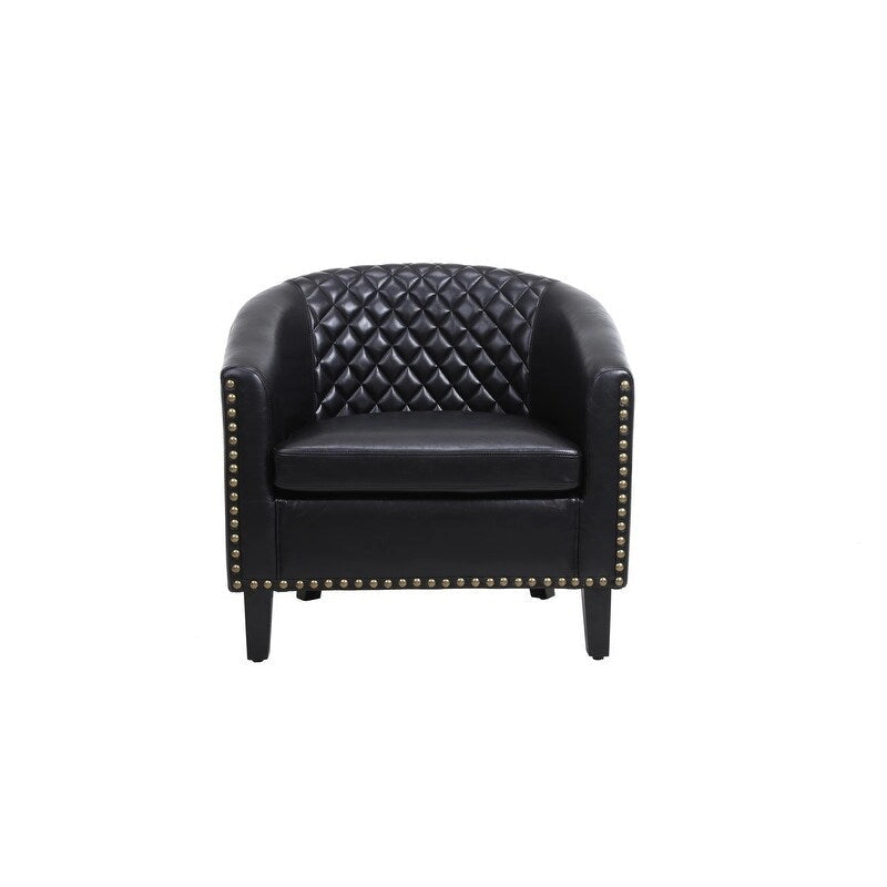 Fauteuil d'appoint tonneau en cuir PU avec clous décoratifs et pieds en bois massif | Salon