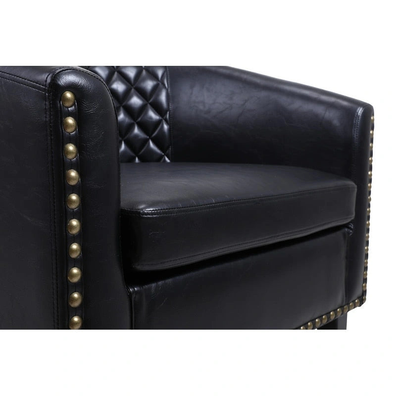 Fauteuil d'appoint tonneau en cuir PU avec clous décoratifs et pieds en bois massif | Salon