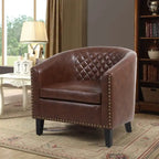 Fauteuil d'appoint tonneau en cuir PU avec clous décoratifs et pieds en bois massif | Salon
