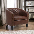 Fauteuil d'appoint tonneau en cuir PU avec clous décoratifs et pieds en bois massif | Salon