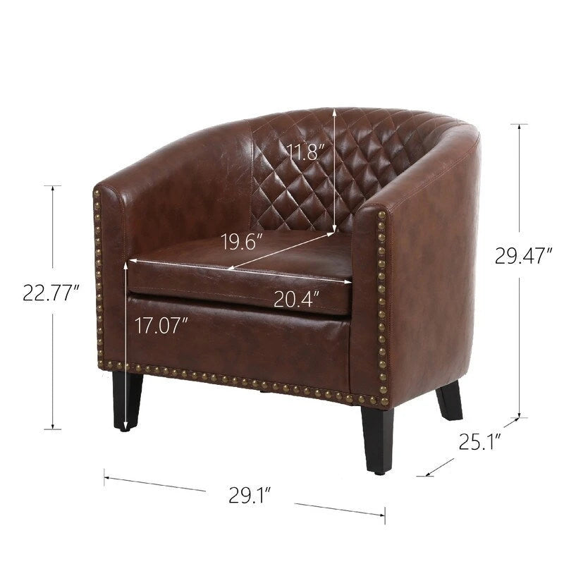 Fauteuil d'appoint tonneau en cuir PU avec clous décoratifs et pieds en bois massif | Salon