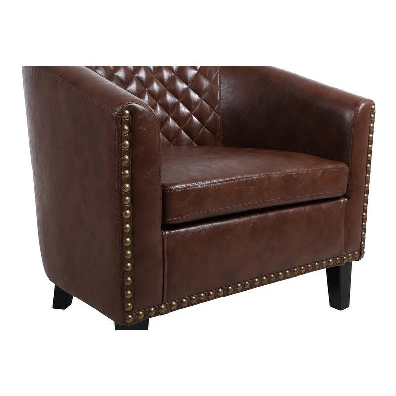 Fauteuil d'appoint tonneau en cuir PU avec clous décoratifs et pieds en bois massif | Salon