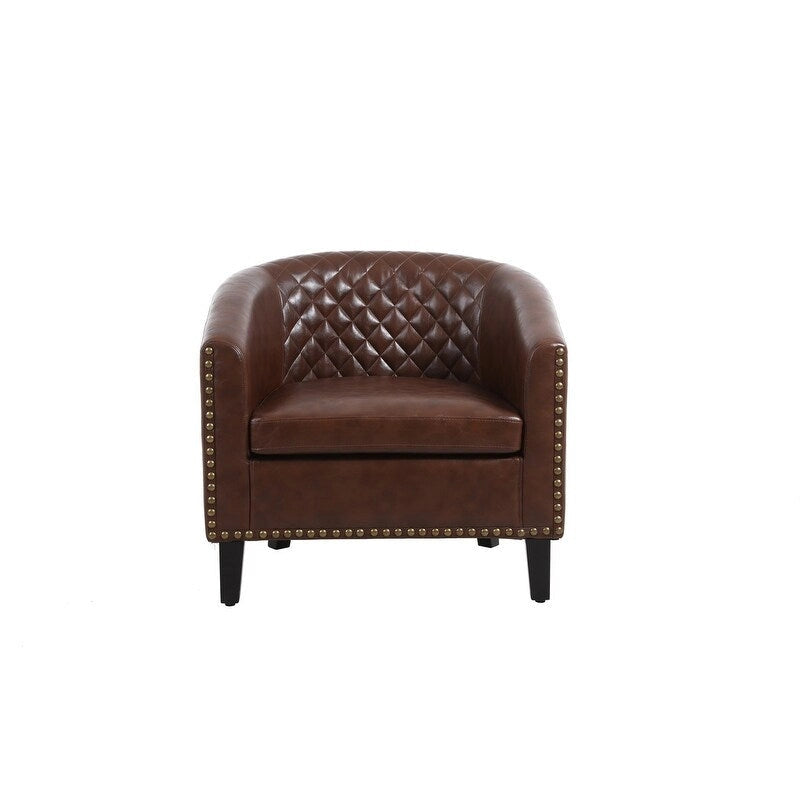 Fauteuil d'appoint tonneau en cuir PU avec clous décoratifs et pieds en bois massif | Salon