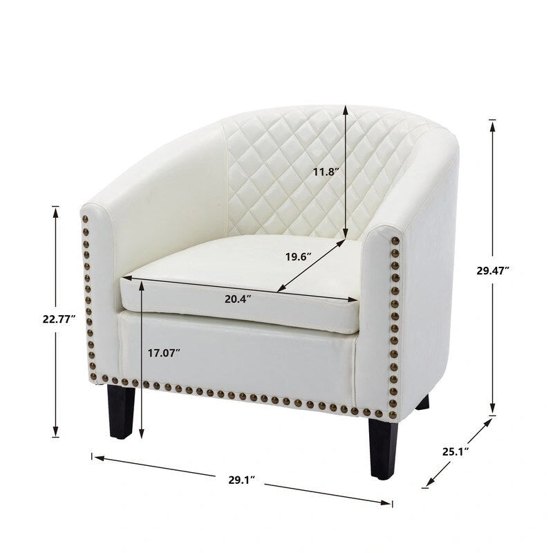 Fauteuil d'appoint tonneau en cuir PU avec clous décoratifs et pieds en bois massif | Salon