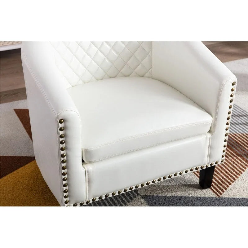 Fauteuil d'appoint tonneau en cuir PU avec clous décoratifs et pieds en bois massif | Salon
