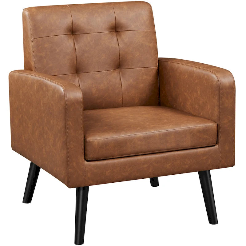 Fauteuil d'appoint capitonné en similicuir style Mid-Century avec pieds en hévéa | 136 kg