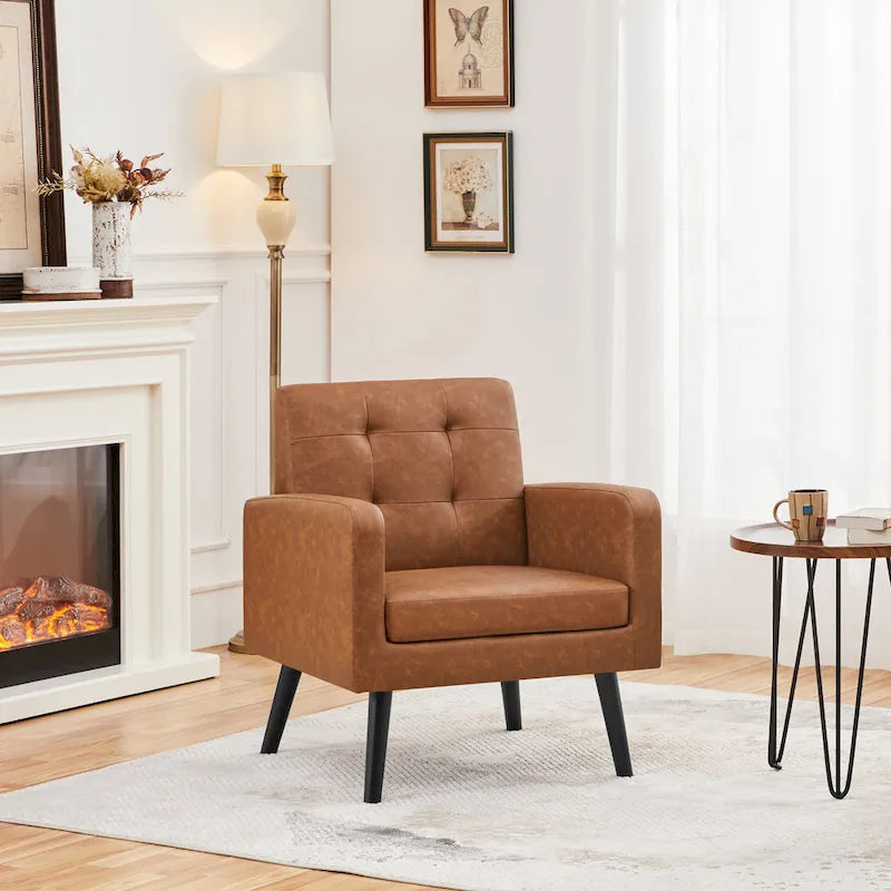 Fauteuil d'appoint capitonné en similicuir style Mid-Century avec pieds en hévéa | 136 kg