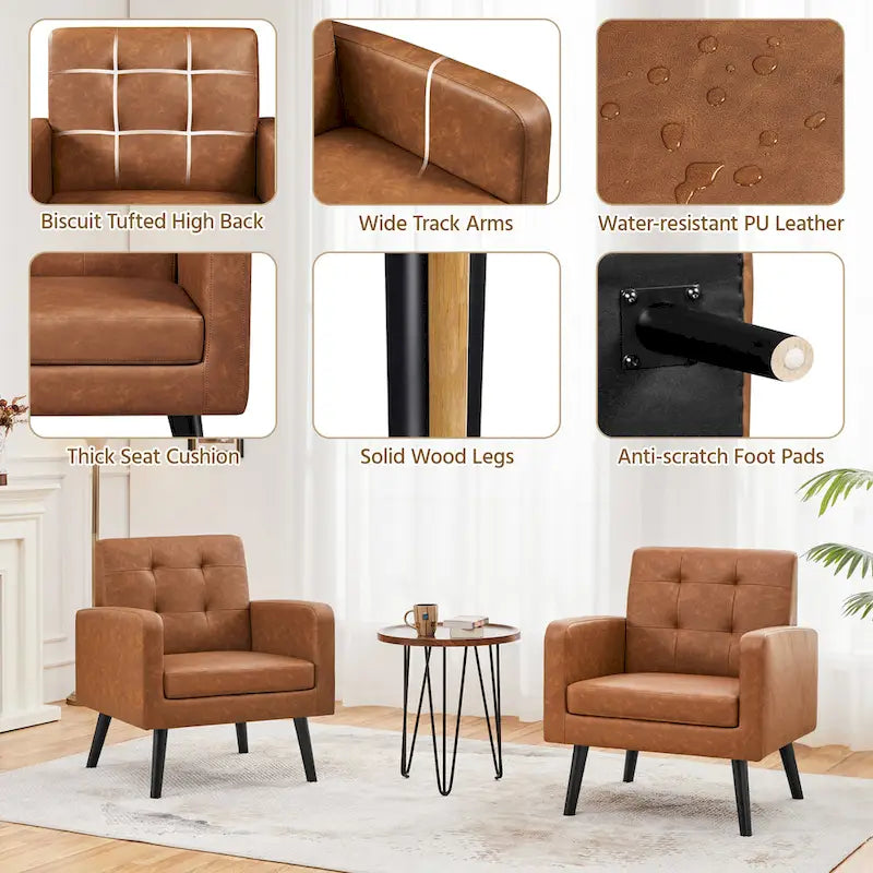 Fauteuil d'appoint capitonné en similicuir style Mid-Century avec pieds en hévéa | 136 kg