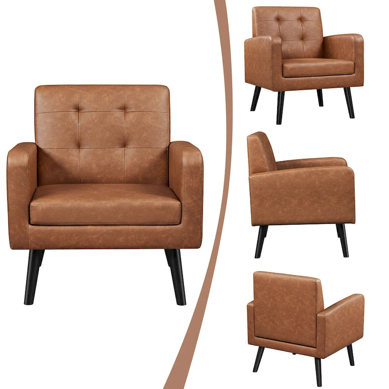 Fauteuil d'appoint capitonné en similicuir style Mid-Century avec pieds en hévéa | 136 kg