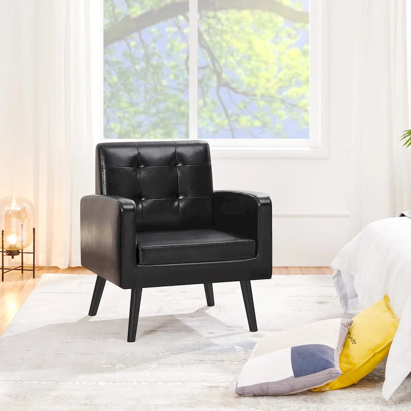 Fauteuil d'appoint capitonné en similicuir style Mid-Century avec pieds en hévéa | 136 kg
