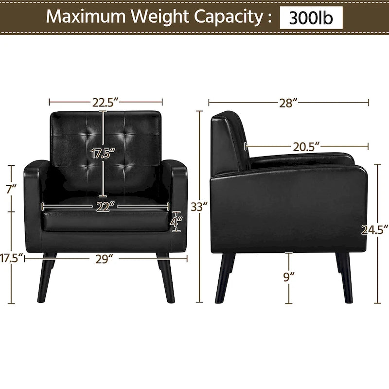 Fauteuil d'appoint capitonné en similicuir style Mid-Century avec pieds en hévéa | 136 kg