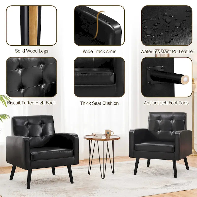 Fauteuil d'appoint capitonné en similicuir style Mid-Century avec pieds en hévéa | 136 kg