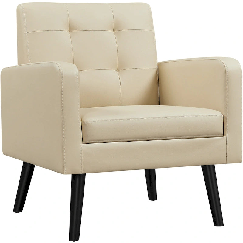 Fauteuil d'appoint capitonné en similicuir style Mid-Century avec pieds en hévéa | 136 kg