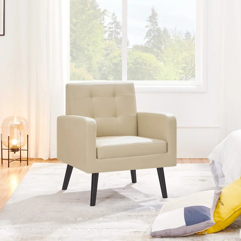 Fauteuil d'appoint capitonné en similicuir style Mid-Century avec pieds en hévéa | 136 kg