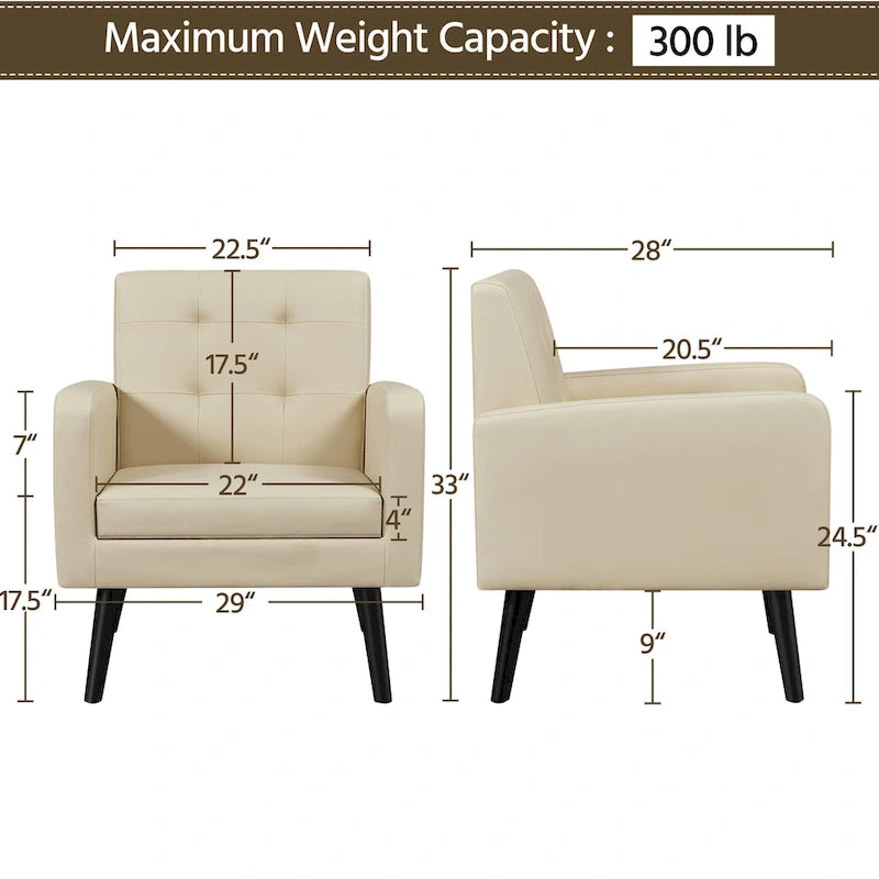 Fauteuil d'appoint capitonné en similicuir style Mid-Century avec pieds en hévéa | 136 kg