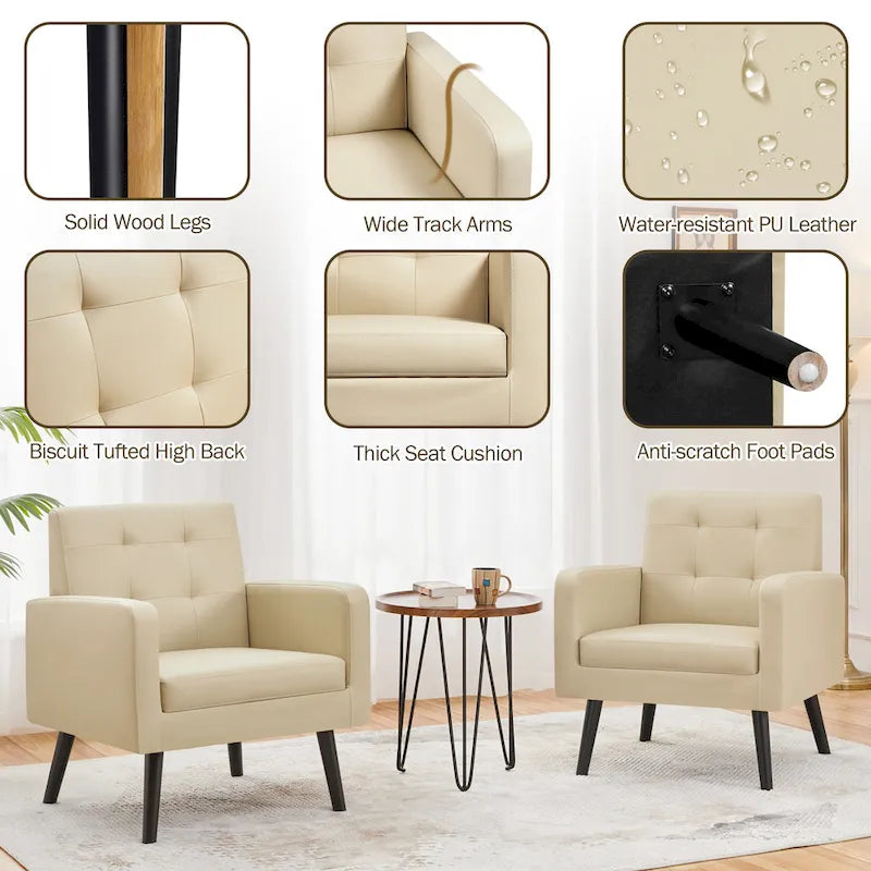 Fauteuil d'appoint capitonné en similicuir style Mid-Century avec pieds en hévéa | 136 kg
