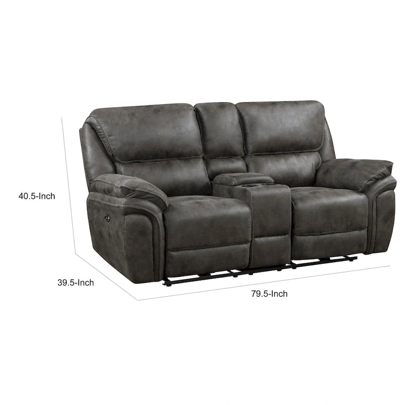 Causeuse inclinable électrique double 80" avec console, porte-gobelets et ports USB | Microfibre grise