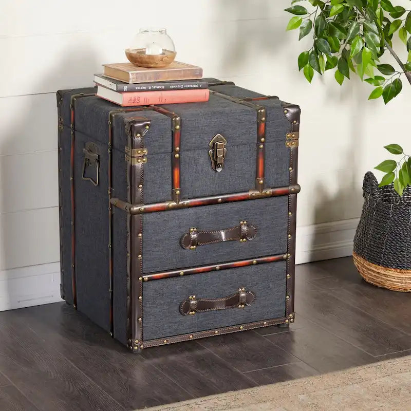 Meuble d'appoint à 2 tiroirs en similicuir ou en lin avec plateau à charnières à boucle | Marron foncé ou bleu