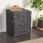 Meuble d'appoint à 2 tiroirs en similicuir ou en lin avec plateau à charnières à boucle | Marron foncé ou bleu