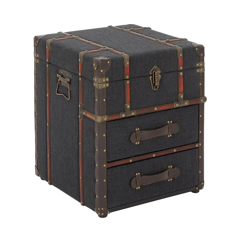 Meuble d'appoint à 2 tiroirs en similicuir ou en lin avec plateau à charnières à boucle | Marron foncé ou bleu