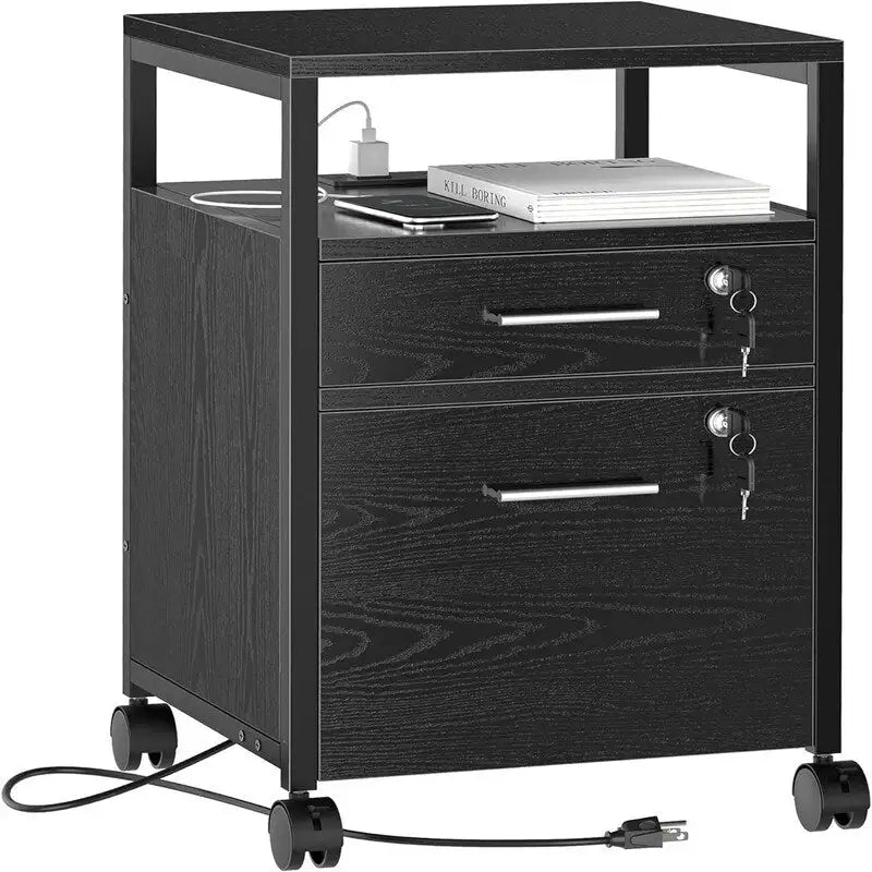 Classeur à Roulettes avec Station de Recharge et Serrure, 2 Tiroirs - 40 P x 40 L x 66 H cm