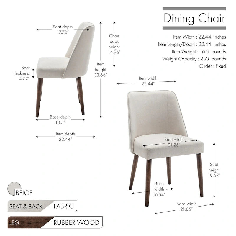 Lot de 2 chaises de salle à manger en tissu avec pieds en bois d'hévéa | Design sans accoudoirs peu encombrant