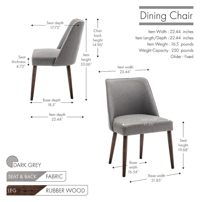 Lot de 2 chaises de salle à manger en tissu avec pieds en bois d'hévéa | Design sans accoudoirs peu encombrant