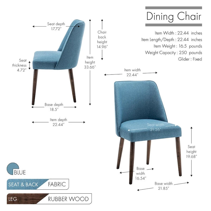Lot de 2 chaises de salle à manger en tissu avec pieds en bois d'hévéa | Design sans accoudoirs peu encombrant