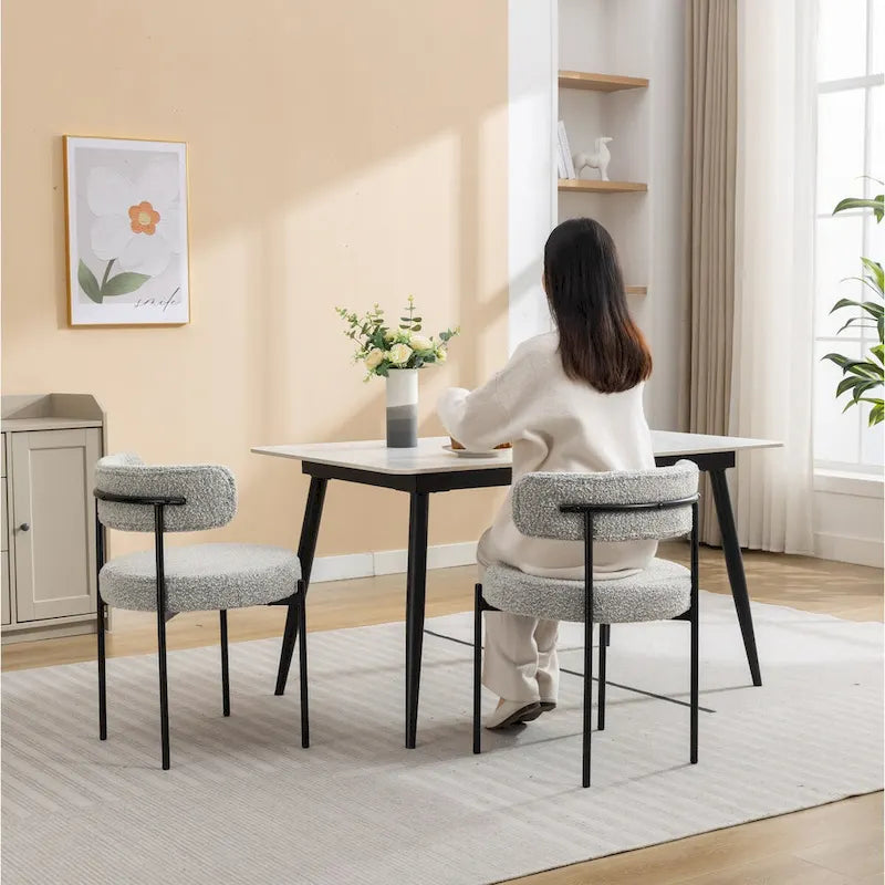 Chaises de salle à manger rondes modernes en bouclette, lot de 2 | Pieds noirs | Mousse haute densité